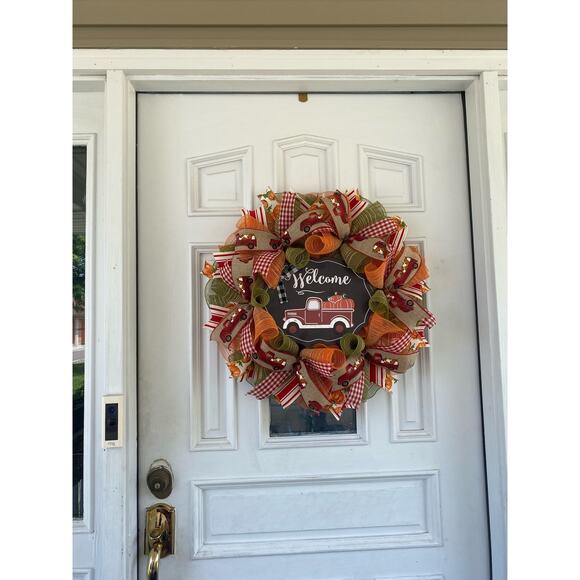 Welcome Red Truck Pumpkin Farmhouse Deco Mesh and Ribbon Fall Autumn Wreath - Picture 7 of 7